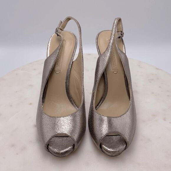 BCBGMAXAZRIA LibbyMet Pewter Metallic Peep Toe Heels 7.5 Holiday Party Pumps NYE - Picture 6 of 13